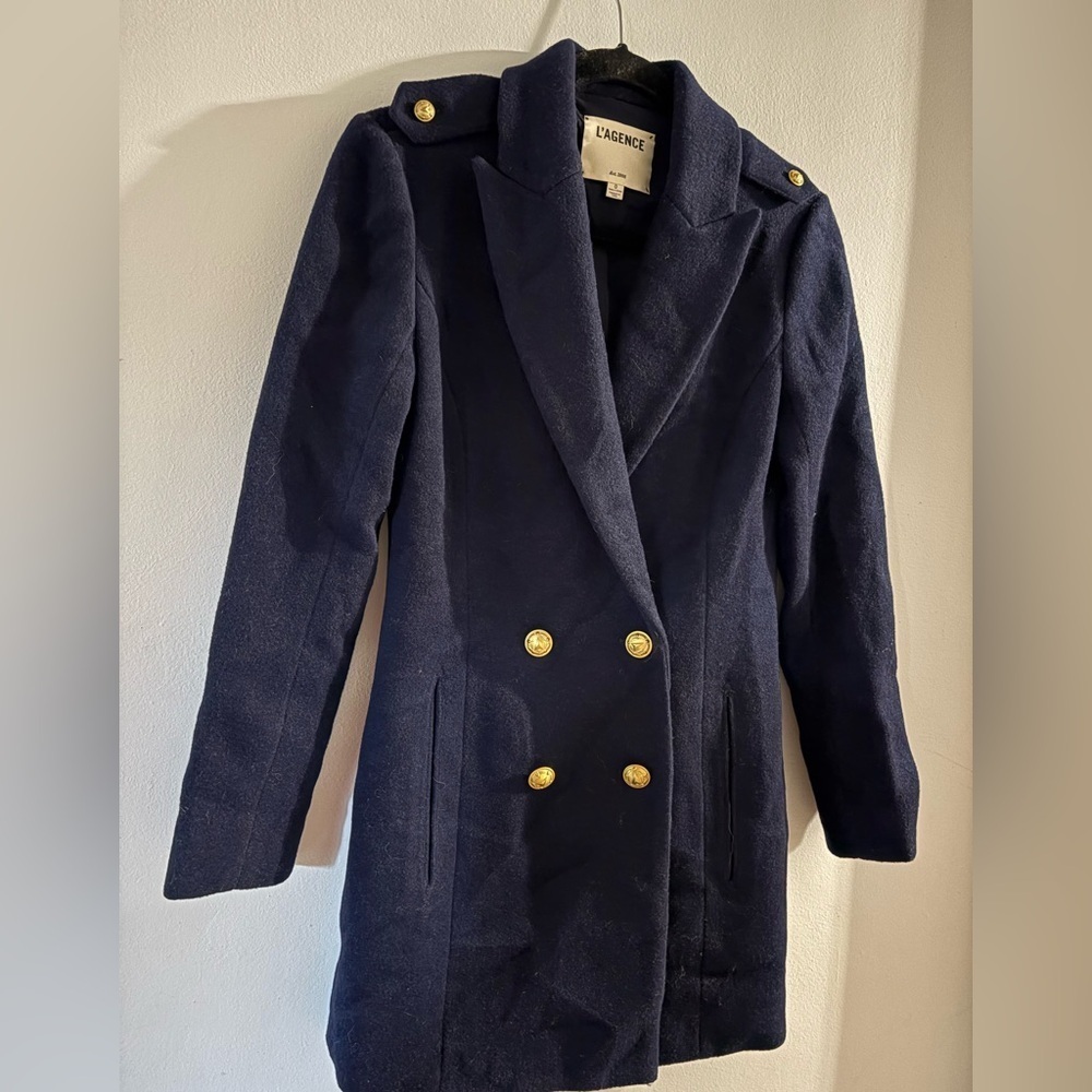 L'AGENCE Navy Pea Coat - military style -with Gold buttons - size 0 - wool blend